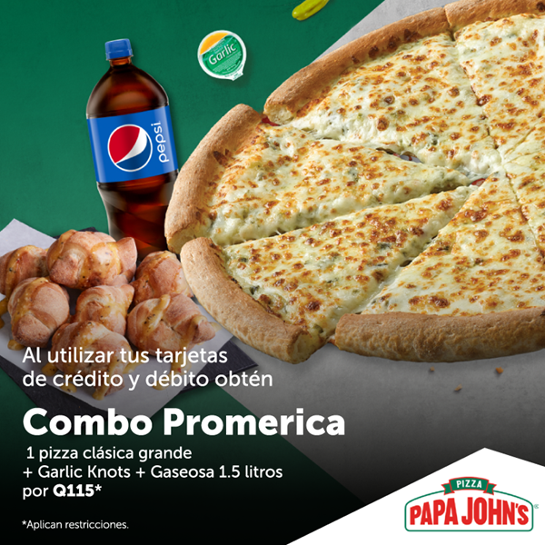Foto de Por Q115. Combo Promerica 1 pizza clásica + Garlic + Gaseosa 1.5 litros en Papa Johns.