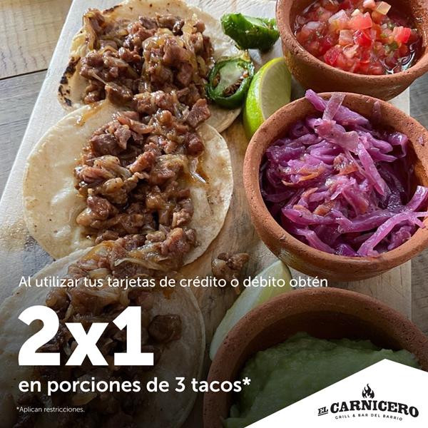 Foto de 2x1 en porciones de 3 tacos en El Carnicero.