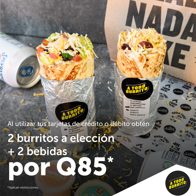Foto de 2 burritos a elección + 2 bebidas por Q85 en  A TODO  BURRITO.