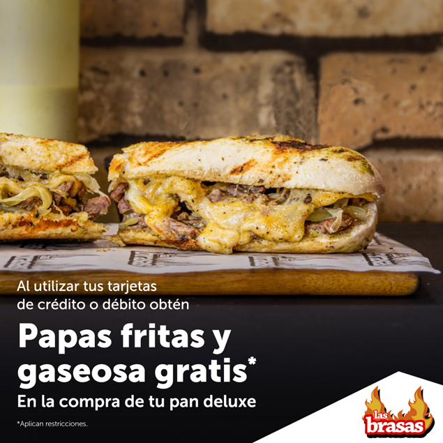 Foto de Papas fritas y gaseosa gratis. En la compra de tu pan deluxe en Las Brasas.