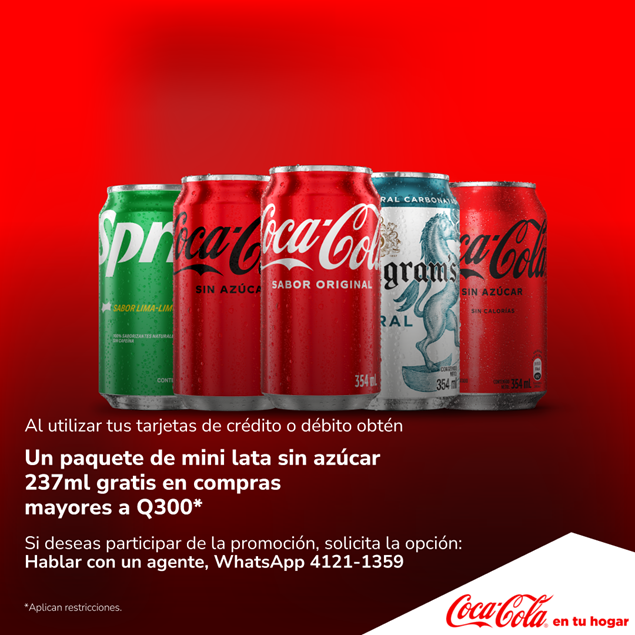 Foto de Un paquete de mini lata sin azúcar 237ml gratis en compras mayores a Q300 en Coca Cola