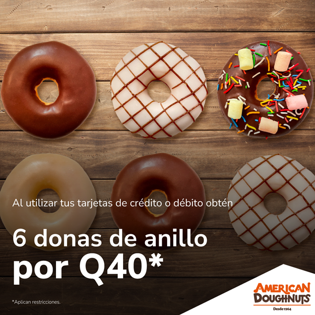 Foto de 6 donas de anillo por Q40 en American Doughnuts.