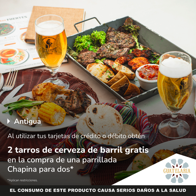 Foto de 2 tarros de cerveza gratis al comprar  parrillada Chapina para dos en Guatelaria.