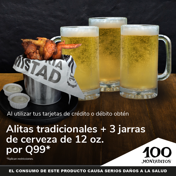 Foto de Alitas tradicionales + 3 jarras de cerveza de 12 oz. por Q99 en 100 Montaditos