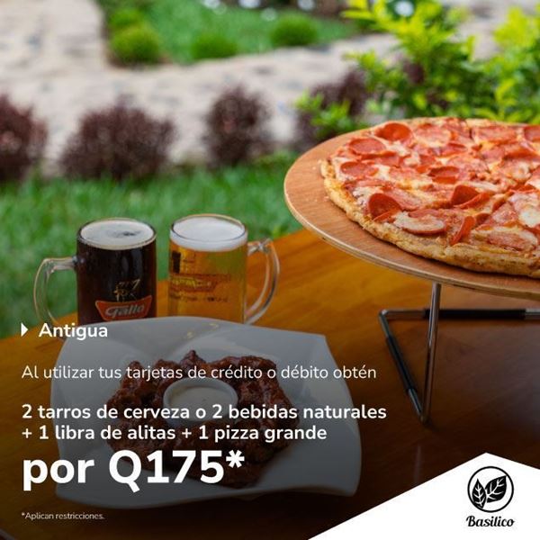 Foto de Combo de 2 cervezas o 2 bebidas naturales, alitas y pizza por Q175 en Basilico