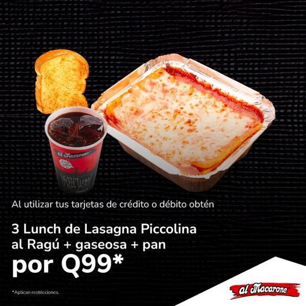 Foto de Por Q99, 3 Lunch de Lasagna + gaseosa + pan en Al Macarone.