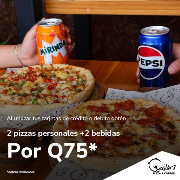 Foto de 2 pizzas personales + 2 bebidas en CASTOR´S PIZZA por Q75