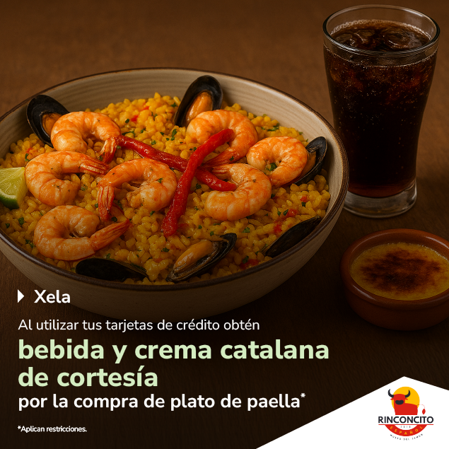 Foto de El Rinconcito Español por plato de paella, bebida y crema catalana de cortesía