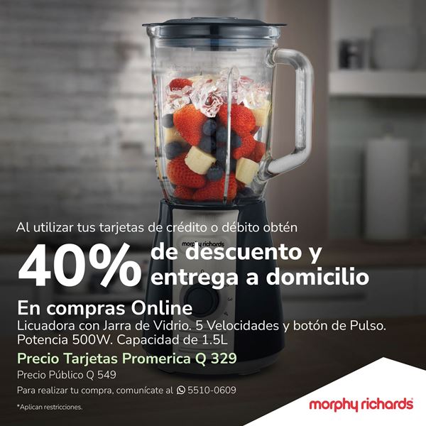 Foto de Morphy Richards Licuadora con Jarra de Vidrio. 5 Velocidades y botón de Pulso. Potencia 500W. Capacidad de 1.5L.40% de descuento y entrega a domicilio.
