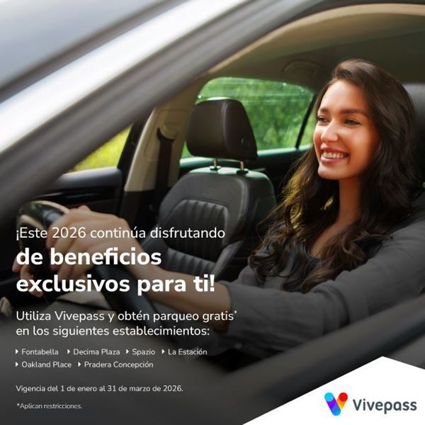 Foto de Vivepass gratis con sus tarjetas de crédito Jade en Fontabella, Décima Plaza, Spazio, La Estación, Oakland Place y Pradera Concepción.