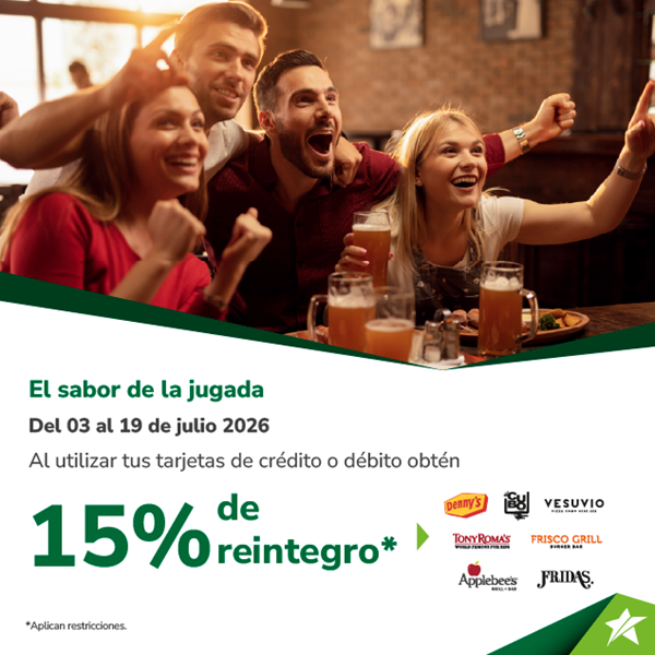 Foto de Jugada del Sabor 15% Reintegro en Applebee´s, Frisco Grill, Denny´s, Frida´s, Tony Roma´s,  IL Cubo y Pizza Vesuvio.
